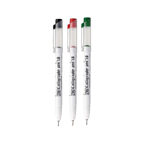 Zig Calligraphy Pen Set – 1.0mm Fine Tip, 3 Colors (Black, Red, Green) Water-Based Ink for Elegant Hand Lettering, Journaling, Greeting Cards & Art Projects. AP-Certified Japan