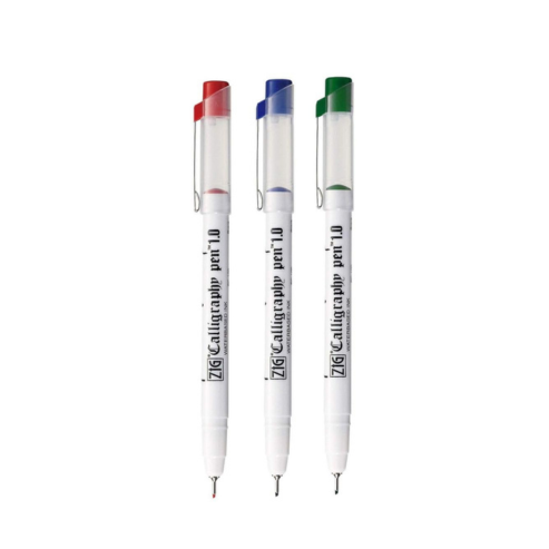 Zig Calligraphy Pen Set – 1.0mm Fine Tip, 3 Colors (Blue, Red, Green) Water-Based Ink for Elegant Hand Lettering, Journaling, Greeting Cards & Art Projects. AP-Certified Japan