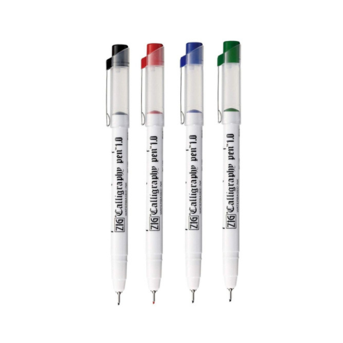 Zig Calligraphy Pen Set – 1.0mm Fine Tip, 4 Colors (Black, Blue, Red, Green) Water-Based Ink for Elegant Hand Lettering, Journaling, Greeting Cards & Art Projects. AP-Certified Japan