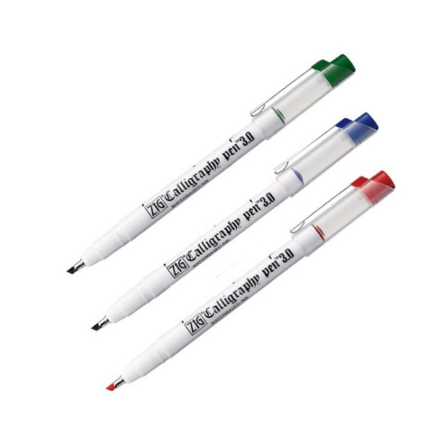 Zig Kuretake Calligraphy Pens (1mm 2mm 3mm) Oblique Tip Blue, Red, Green Color Pack of 3 Pcs for Writing & Hand Lettering, for Professional, Beginner, Water-Based Dye Ink, Made in Japan