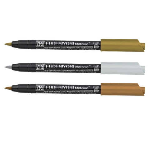 Zig FUDEBIYORI Brush Pens Metallic set of 3 perfect for lettering, illustration on dark papers, art, calligraphy, journaling, Archival quality, Odourless, Flexible brush tip. AP-Certified JAPAN