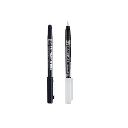 Zig KURETAKE Special Illustration Basic Set 1 Black Marker and 1 White Brush Pen [CNM-003,CBK-55P] for Manga Drawing, Lettering and Calligraphy,Professional Artist Quality Product. AP-Certified JAPAN