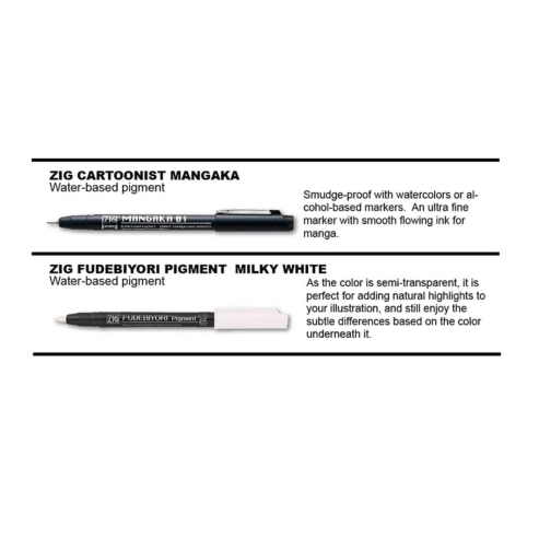Zig KURETAKE Special Illustration Basic Set 1 Black Marker and 1 White Brush Pen [CNM-003,CBK-55P] for Manga Drawing, Lettering and Calligraphy,Professional Artist Quality Product. AP-Certified JAPAN