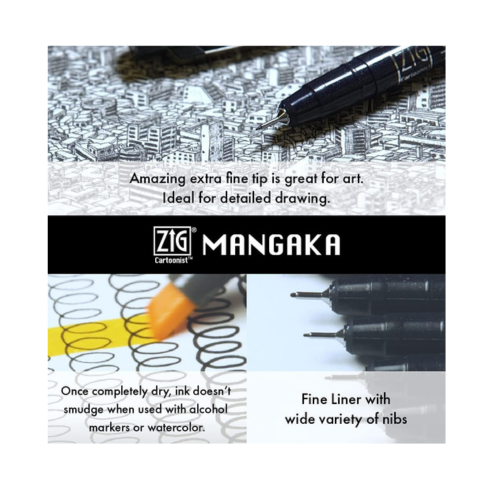 Zig KURETAKE Special Illustration Basic Set 1 Black Marker and 1 White Brush Pen [CNM-003,CBK-55P] for Manga Drawing, Lettering and Calligraphy,Professional Artist Quality Product. AP-Certified JAPAN