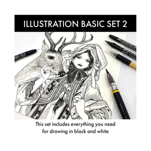 Zig KURETAKE Special Illustration Basic Set 1 Black Marker and 1 White Brush Pen [CNM-003,CBK-55P] for Manga Drawing, Lettering and Calligraphy,Professional Artist Quality Product. AP-Certified JAPAN