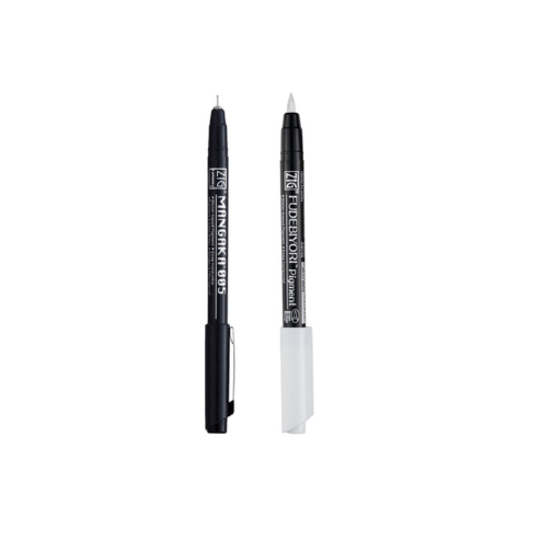 Zig KURETAKE Special Illustration Basic Set 1 Black Marker and 1 White Brush Pen [CNM-005,CBK-55P] for Manga Drawing, Lettering and Calligraphy,Professional Artist Quality Product. AP-Certified JAPAN