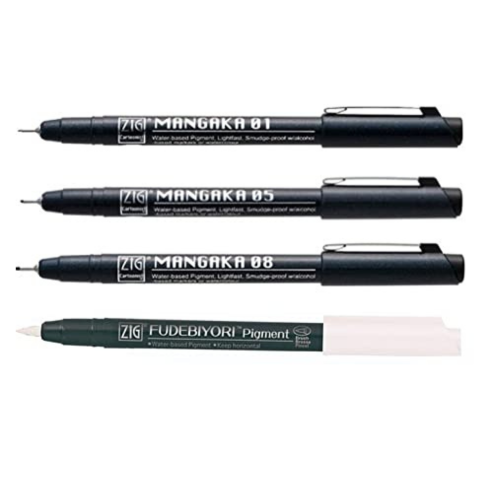 Zig FUDEBIYORI PIGMENT 000 Milky White & CARTOONIST MANGAKA 01, 05,08 1 Brush Pen and 3 Fineliner Pens 010 BLACK Illustration Special Set Flexible Brush Tip, Made in Japan