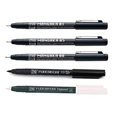 Zig FUDEBIYORI PIGMENT 000 Milky White 010 Black & CARTOONIST MANGAKA 01, 05,08 2 Brush Pen and 3 Fineliner Pens 010 BLACK Illustration Special Set Flexible Brush Tip,