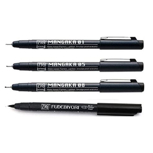 Zig FUDEBIYORI PIGMENT 010 Black & CARTOONIST MANGAKA 01, 05,08 1 Brush Pen and 3 Fineliner Pens 010 BLACK Illustration Special Set Flexible Brush Tip, Made in Japan