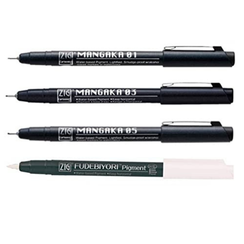 Zig FUDEBIYORI PIGMENT 000 Milky White & CARTOONIST MANGAKA 01, 03,05 1 Brush Pen and 3 Fineliner Pens 010 BLACK Illustration Special Set Flexible Brush Tip, Made in Japan