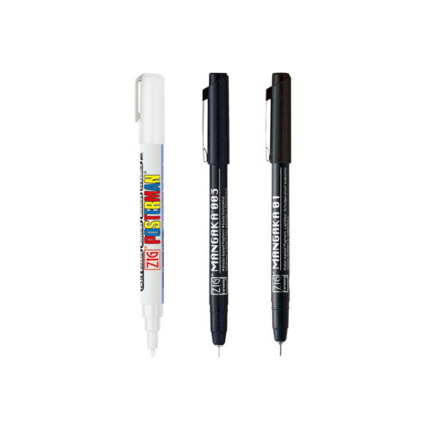 Zig Special Set Posterman White & Mangaka Fineliner 003,01 Pen for Mandala Sketching Outlining Doodling Calligraphy Journaling Use on Planners Hand-Lettering Card Making especially on Cards.
