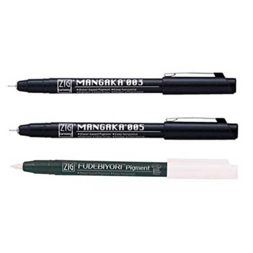 Zig FUDEBIYORI PIGMENT 000 Milky White & CARTOONIST MANGAKA 003, 005 1 Brush Pen and 3 Fineliner Pens 010 BLACK Illustration Special Set Flexible Brush Tip, Made in Japan