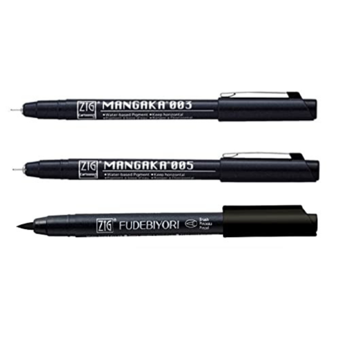 Zig FUDEBIYORI PIGMENT 010 Black & CARTOONIST MANGAKA 003, 005 Brush Pen and 1 Fineliner Pens 010 BLACK Illustration Special Set Flexible Brush Tip, Made in Japan