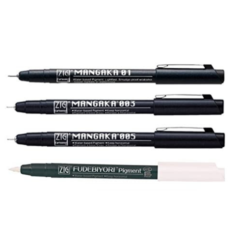 Zig FUDEBIYORI PIGMENT 000 Milky White & CARTOONIST MANGAKA 01,003, 005 1 Brush Pen and 3 Fineliner Pens 010 BLACK Illustration Special Set Flexible Brush Tip, Made in Japan
