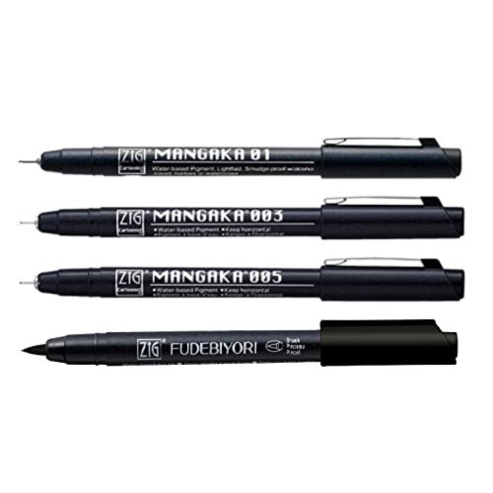 Zig FUDEBIYORI PIGMENT 010 Black & CARTOONIST MANGAKA 01,003, 005 1 Brush Pen and 3 Fineliner Pens 010 BLACK Illustration Special Set Flexible Brush Tip, Made in Japan