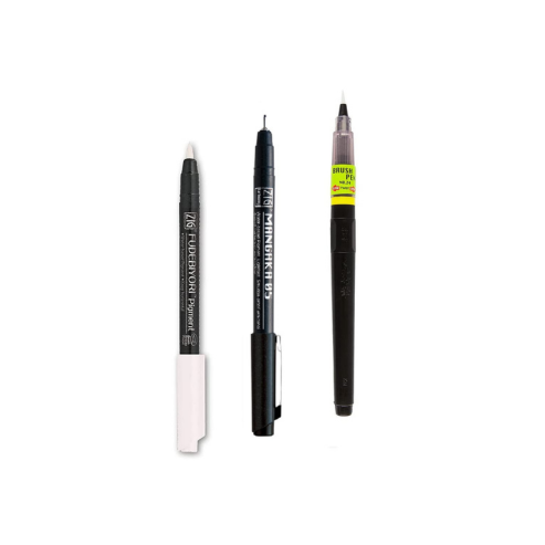 Zig KURETAKE Special Set, Illustration Basic Set 2 Black Markers and 1 White Brush Pen [CBK-55P,CNM-05,BP-24] for Manga Drawing, Lettering and Calligraphy, Professional Artist Quality