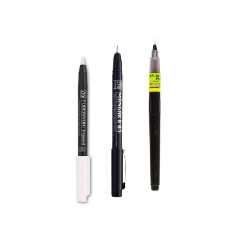Zig KURETAKE Special Set, Illustration Basic Set 2 Black Markers and 1 White Brush Pen [CBK-55P,CNM-03,BP-24] for Manga Drawing, Lettering and Calligraphy, Professional Artist Quality.