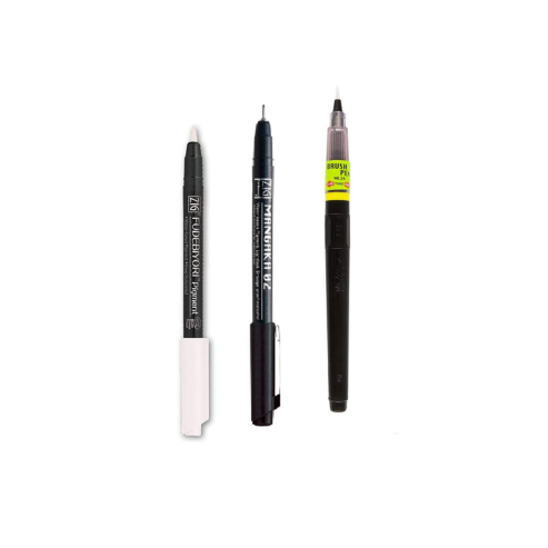 Zig KURETAKE Special Set, Illustration Basic Set 2 Black Markers and 1 White Brush Pen [CBK-55P,CNM-02,BP-24] for Manga Drawing, Lettering and Calligraphy, Professional Artist Quality.