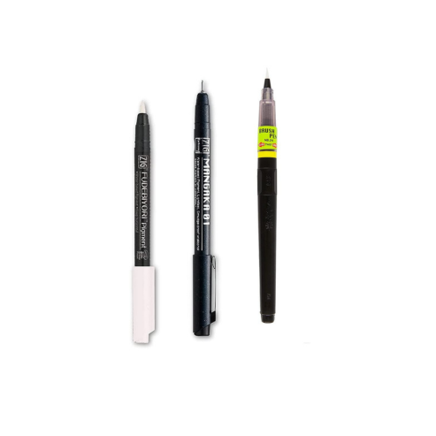 Zig KURETAKE Special Set, Illustration Basic Set 2 Black Markers and 1 White Brush Pen [CBK-55P,CNM-01,BP-24] for Manga Drawing, Lettering and Calligraphy, Professional Artist Quality.