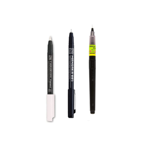 Zig KURETAKE Special Set, Illustration Basic Set 2 Black Markers and 1 White Brush Pen [CBK-55P,CNM-005,BP-24] for Manga Drawing, Lettering and Calligraphy, Professional Artist Quality
