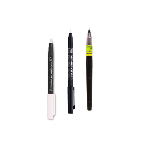 Zig KURETAKE Special Set, Illustration Basic Set 2 Black Markers and 1 White Brush Pen [CBK-55P,CNM-003,BP-24] for Manga Drawing, Lettering and Calligraphy, Professional Artist Quality.