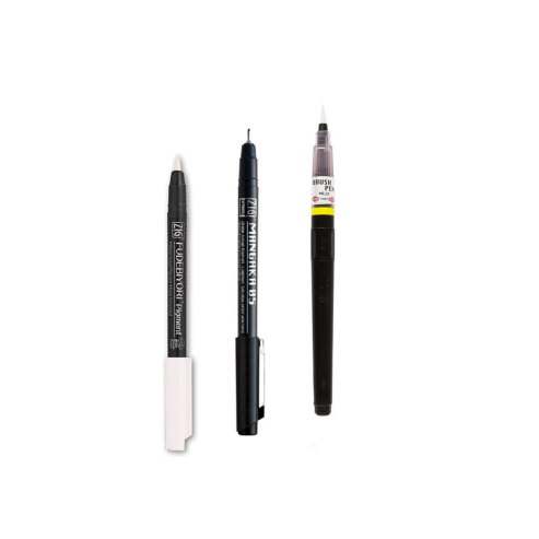 Zig KURETAKE Special Set, Illustration Basic Set, 2 Black Markers and 1 White Brush Pen [CBK-55P,CNM-05,BP-22] for Manga Drawing, Lettering and Calligraphy, Professional Artist Quality.