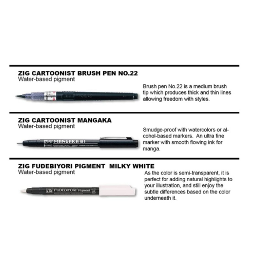 Zig KURETAKE Special Set, Illustration Basic Set, 2 Black Markers and 1 White Brush Pen [CBK-55P,CNM-02,BP-22] for Manga Drawing, Lettering and Calligraphy, Professional Artist Quality.