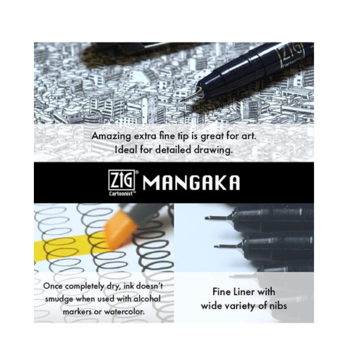Zig KURETAKE Special Set, Illustration Basic Set, 2 Black Markers and 1 White Brush Pen [CBK-55P,CNM-02,BP-22] for Manga Drawing, Lettering and Calligraphy, Professional Artist Quality.