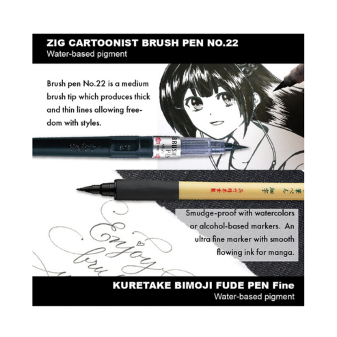 Zig KURETAKE Special Set, Illustration Basic Set, 2 Black Markers and 1 White Brush Pen [CBK-55P,CNM-02,BP-22] for Manga Drawing, Lettering and Calligraphy, Professional Artist Quality.