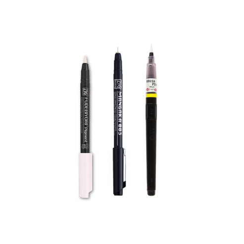 Zig KURETAKE Special Set, Illustration Basic Set, 2 Black Markers and 1 White Brush Pen [CBK-55P,CNM-003,BP-22] for Manga Drawing, Lettering and Calligraphy, Professional Artist Quality.