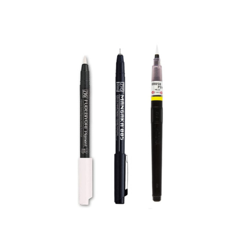 Zig KURETAKE Special Set, Illustration Basic Set, 2 Black Markers and 1 White Brush Pen [CBK-55P,CNM-005,BP-22] for Manga Drawing, Lettering and Calligraphy, Professional Artist Quality.