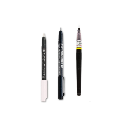 Zig KURETAKE Special Set, Illustration Basic Set, 2 Black Markers and 1 White Brush Pen [CBK-55P,CNM-01,BP-22] for Manga Drawing, Lettering and Calligraphy, Professional Artist Quality