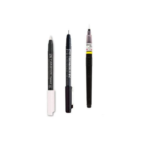Zig KURETAKE Special Set, Illustration Basic Set, 2 Black Markers and 1 White Brush Pen [CBK-55P,CNM-02,BP-22] for Manga Drawing, Lettering and Calligraphy, Professional Artist Quality.