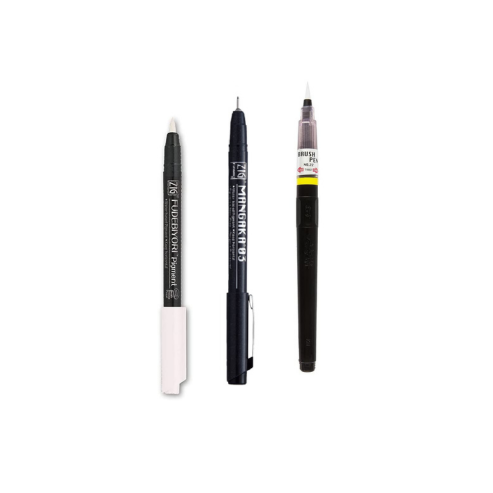 Zig KURETAKE Special Set, Illustration Basic Set, 2 Black Markers and 1 White Brush Pen [CBK-55P,CNM-03,BP-22] for Manga Drawing, Lettering and Calligraphy, Professional Artist Quality.