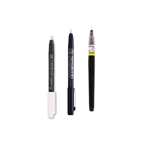 Zig KURETAKE Special Set, Illustration Basic Set, 2 Black Markers and 1 White Brush Pen [CBK-55P,CNM-03,BP-22] for Manga Drawing, Lettering and Calligraphy, Professional Artist Quality.