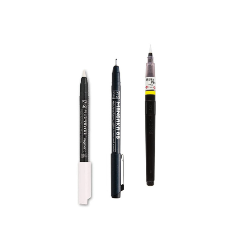 Zig KURETAKE Special Set, Illustration Basic Set, 2 Black Markers and 1 White Brush Pen [CBK-55P,CNM-08,BP-22] for Manga Drawing, Lettering and Calligraphy, Professional Artist Quality