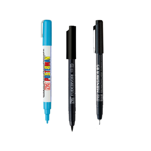 Zig Kuretake Special Set, Posterman LT. Blue 1mm Mangaka 05 Fudebiyori Brush Pen Black Illustration Set for Manga Drawing, Lettering and Calligraphy, Professional Artist Quality, Made in Japan