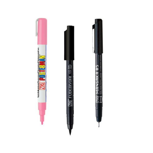 Zig Kuretake Special Set, Posterman Pink 1mm Mangaka 05 Fudebiyori Brush Pen Black Illustration Set for Manga Drawing, Lettering and Calligraphy, Professional Artist Quality, Made in Japan