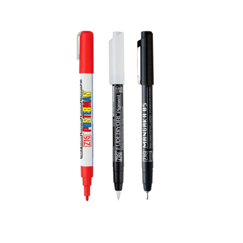 Zig Kuretake Special Set, Posterman Red 1mm Mangaka 05 Fudebiyori Brush Pen White Illustration Set for Manga Drawing, Lettering and Calligraphy, Professional Artist Quality, Made in Japan