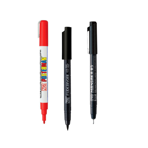 Zig Kuretake Special Set, Posterman Red 1mm Mangaka 05 Fudebiyori Brush Pen Black Illustration Set for Manga Drawing, Lettering and Calligraphy, Professional Artist Quality, Made in Japan