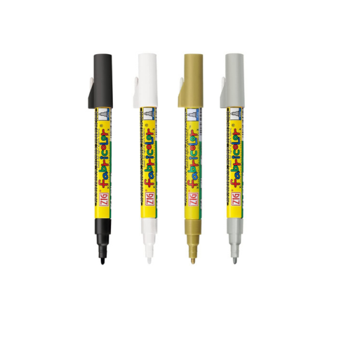 Zig KURETAKE FABRIC COLOR TIP SIZE:2 MM, 4 Colors combo set- Gold,Silver,Black,White PERMANENT ON FABRICS AFTER IRONING illustration lettering graphic designers urban artists. AP-Certified JAPAN