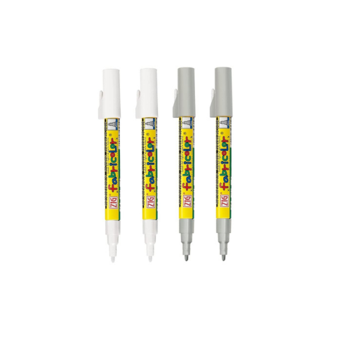 Zig KURETAKE FABRIC COLOR TIP SIZE: 2 MM [2 White & 2 Silver Color Special combo set] PERMANENT ON FABRICS AFTER IRONING illustration lettering graphic designers urban artists. AP-Certified JAPAN