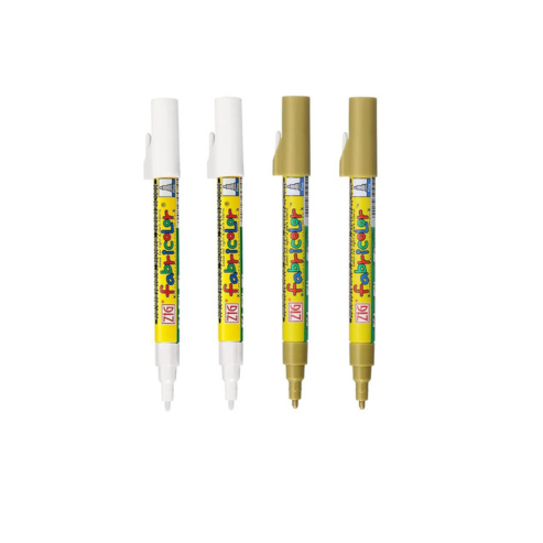 Zig KURETAKE FABRIC COLOR TIP SIZE: 2 MM [2 White & 2 Gold Color Special combo set] PERMANENT ON FABRICS AFTER IRONING illustration lettering graphic designers urban artists. AP-Certified JAPAN