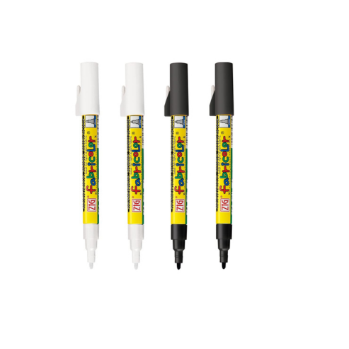Zig KURETAKE FABRIC COLOR TIP SIZE: 2 MM [2 White & 2 Black Color Special combo set] PERMANENT ON FABRICS AFTER IRONING illustration lettering graphic designers urban artists. AP-Certified JAPAN