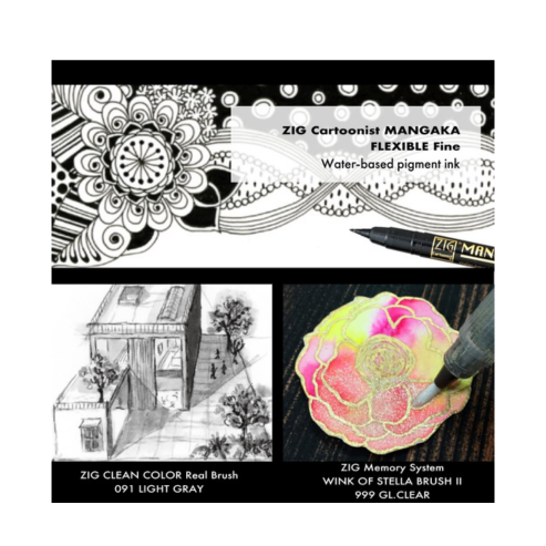 Zig Special Illustration Set GANSAI TAMBI Graphite 6 colors set Micron Pen 003 & Wink of Stella Brush Glitter Clear for Manga Drawing Lettering & Calligraphy Professional Artist Quality Made in Japan