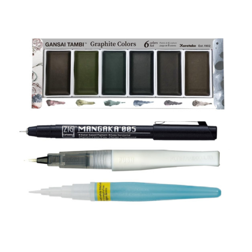 Zig Special Illustration Set GANSAI TAMBI Graphite 6colors Micron Pen 005,BRUSH2O Petit,Wink of Stella Brush Glitter for Manga Drawing Lettering & Calligraphy Professional Artist Quality. Japan