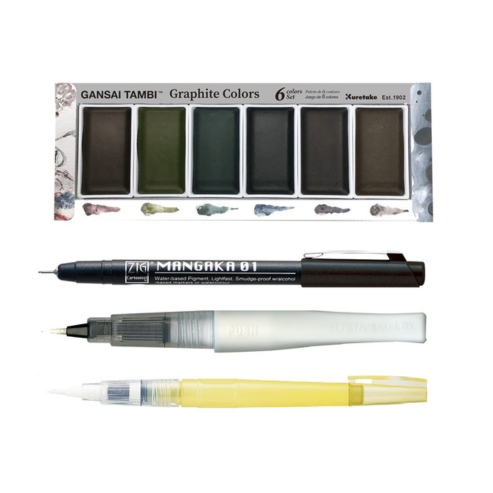 Zig Special Illustration Set GANSAI TAMBI Graphite 6colors Micron Pen 01,BRUSH2O Detailer,Wink of Stella Brush Glitter for Manga Drawing Lettering & Calligraphy Professional Artist Quality. Japan