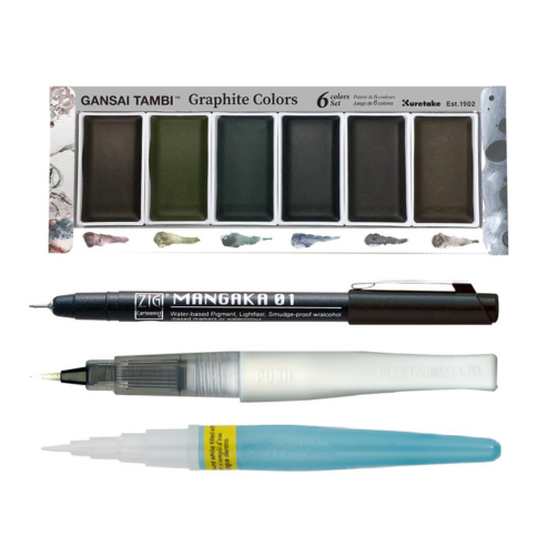 Zig Special Illustration Set GANSAI TAMBI Graphite 6colors Micron Pen 01,BRUSH2O Petit,Wink of Stella Brush Glitter for Manga Drawing Lettering & Calligraphy Professional Artist Quality. Japan