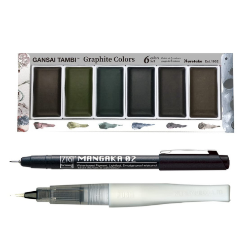 ZIG Special Illustration Set [GANSAI TAMBI Graphite 6 colors set] Micron Pen 02 & Wink of Stella Brush Glitter Clear for Manga Drawing Lettering & Calligraphy Professional Artist Quality Made in Japan