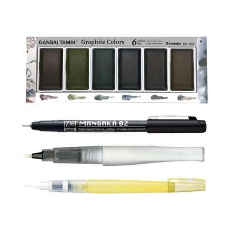 Zig Special Illustration Set GANSAI TAMBI Graphite 6colors Micron Pen 02,BRUSH2O Detailer,Wink of Stella Brush Glitter for Manga Drawing Lettering & Calligraphy Professional Artist Quality. Japan